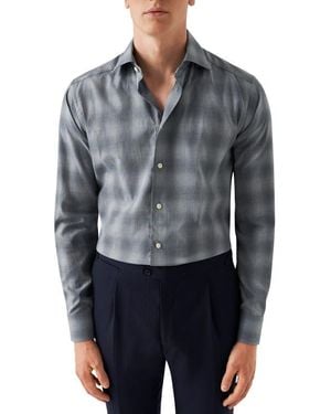 Eton Slim Fit Shadow Check Cotton Flannel Dress Shirt - Blue