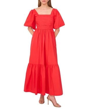 Cece Pleated Bodice Puff Sleeve Cotton Maxi Dress - Red