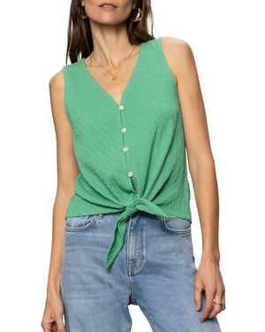 Sanctuary Vacation Textured Tie Front Button-Up Tank - Green