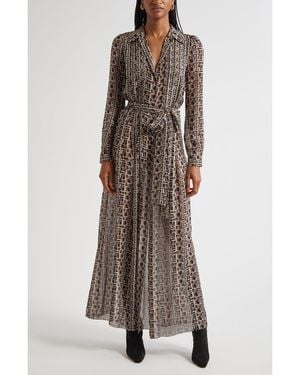L'Agence Klaudia Print Tie Waist Long Sleeve Silk Maxi Shirtdress - Brown