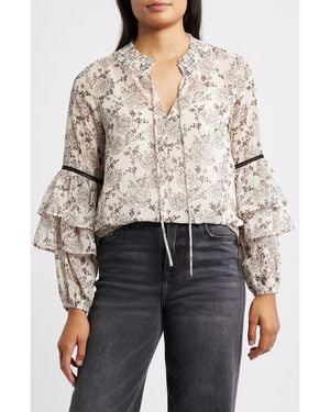 Bobeau Tiered Ruffle Sleeve Top - Gray