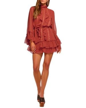 Ramy Brook Claudia Lace & Ruffle Detail Long Sleeve Silk Minidress - Red