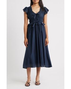 Moon River Shirred Midi Dress - Blue
