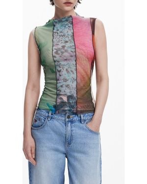 Desigual Mixed Print Mesh Tank - Blue