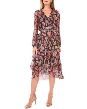 Vince Camuto Metallic Floral Long Sleeve Plissé Midi Dress - Red