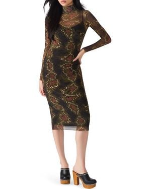 Steve Madden Vivienne Snake Print Long Sleeve Turtleneck Mesh Midi Dress - Black