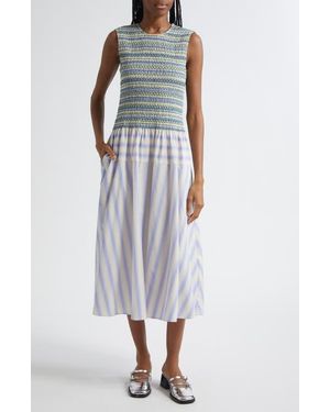 Stine Goya Mixed Stripe Smock Bodice Organic Cotton Dress - White