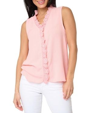 Gibsonlook Embroidered Eyelet Trim Button-Up Top - Pink