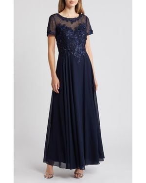 Xscape Evenings Beaded Mesh Gown - Blue