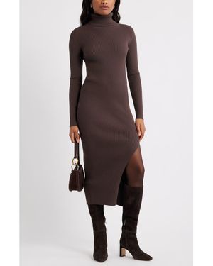 Open Edit Rib Long Sleeve Turtleneck Sweater Dress - Brown