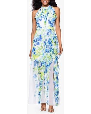 Betsy & Adam Print Ruffle Sleeveless Gown - Blue