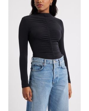 Open Edit Shirred Mock Neck Top - Black