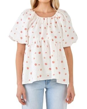 Endless Rose English Factory Floral Jacquard Puff Sleeve Babydoll Top - White