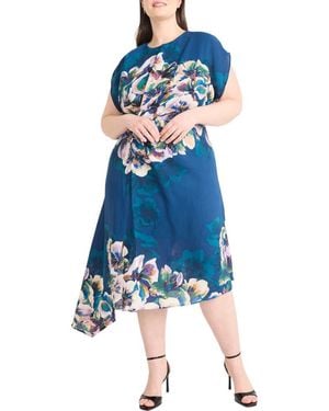 Maggy London Floral Short Sleeve Asymmetric Hem Midi Dress - Blue
