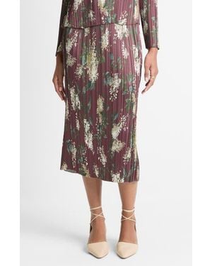 Vince Pleated Lilac Print Midi Skirt - Red