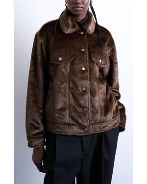 TOPSHOP Faux Fur Western Trucker Jacket - Brown