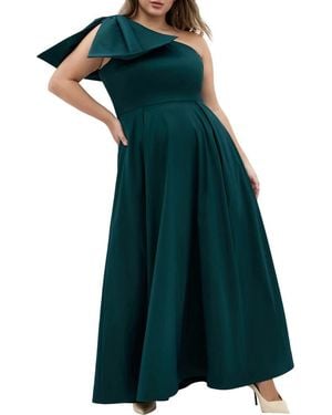 City Chic Captivate Bow One-Shoulder A-Line Gown - Green