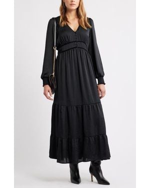 Treasure & Bond Smocked Cuff Long Sleeve Satin Maxi Dress - Black