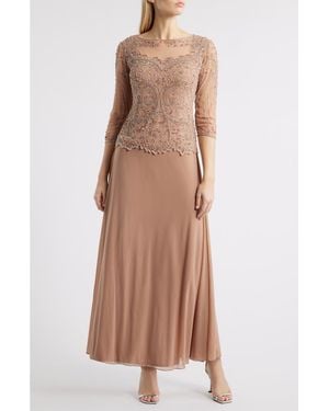 Pisarro Nights Pisaro Nights Beaded Mesh Mock Two-Piece Gown - Brown
