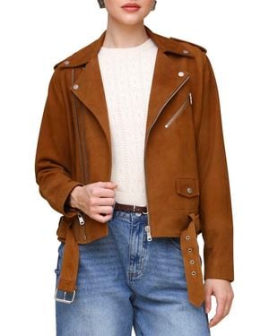 Avec Les Filles Belted Suede Moto Jacket - Brown