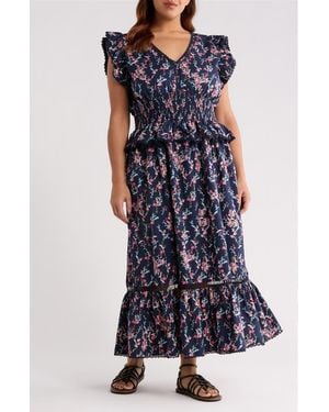 Treasure & Bond Floral Flutter Sleeve Peplum Maxi Dress - Blue