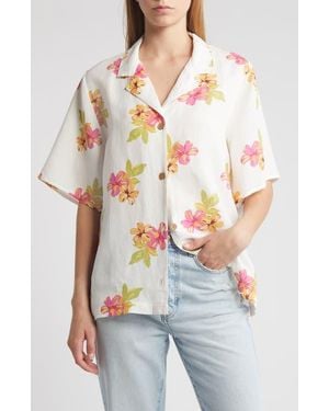 Rip Curl Cabana Floral Linen Blend Camp Shirt - White