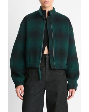 Vince Shadow Plaid Wool Blend Bomber Jacket - Green