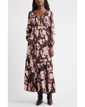 Treasure & Bond Smocked Cuff Long Sleeve Satin Maxi Dress - White