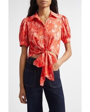 Cinq À Sept Abena Floral Puff Sleeve Tie Front Button-Up Shirt - Red