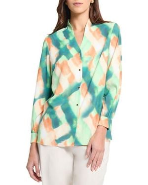 Misook Abstract Print Crêpe De Chine Stand Collar Button-Up Shirt - Multicolor
