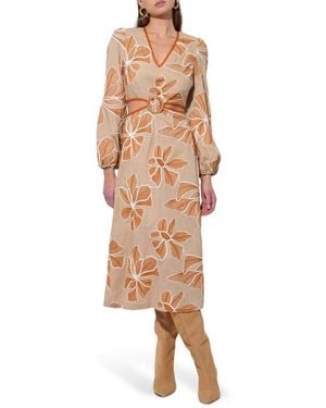 Adelyn Rae Joy Embroidered Side Cutout Long Sleeve Midi Dress - Natural