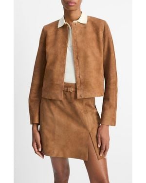 Vince Collarless Cropped Suede Jacket - Brown