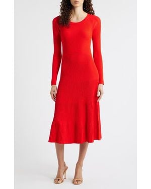 Tahari The Delaney Long Sleeve Rib Sweater Dress - Red