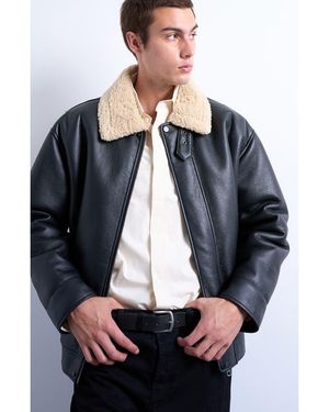 TOPMAN Faux Leather & Faux Shearling Bomber Jacket - Black