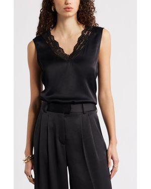 Nordstrom Lace Trim Satin Tank - Black