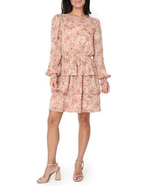 Gibsonlook Floral Print Sparkle Long Sleeve Chiffon Dress - Pink