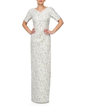 JS Collections Valerie Metallic Floral Jacquard Column Gown - White