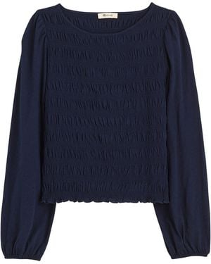 Madewell Smocked Boat Neck Long Sleeve Cotton Top - Blue
