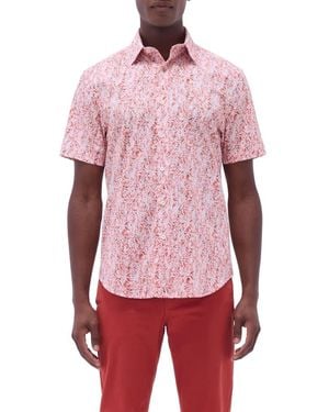 Bugatchi Orson Trim Fit Leaf Print Short Sleeve Stretch Cotton Button-Up Shirt - Red