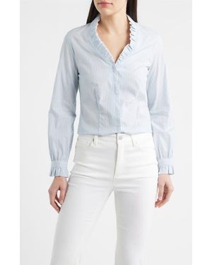 Anne Klein Ruffle Detail Stripe Cotton Button-Up Shirt - Blue