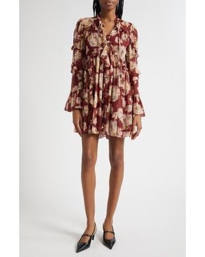 Cinq À Sept Mae Floral Print Ruffle Long Sleeve Chiffon Minidress - Red
