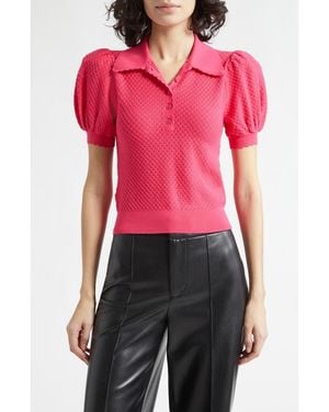 Alice + Olivia Ramona Puff Sleevepointelle Polo Sweater - Red