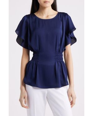 Anne Klein Flutter Sleeve Smocked Waist Top - Blue