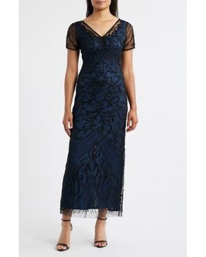 Pisarro Nights Beaded Mesh Column Gown - Blue