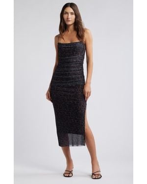 Open Edit Shirred Mesh Midi Dress - Black