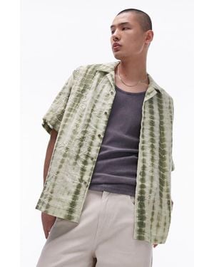 TOPMAN Floral Embroidered Tie Dye Stripe Camp Shirt - Green