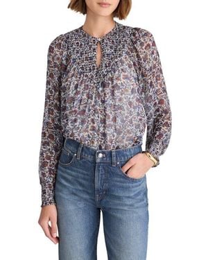 Madewell Smocked Split Crewneck Top - Blue