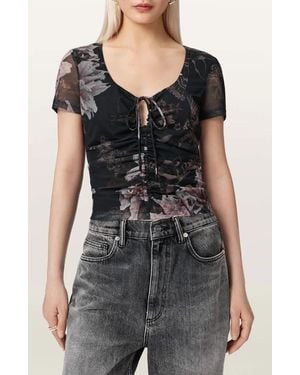 AllSaints Gabby Floral Print Mesh Top - Black