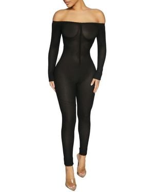 Naked Wardrobe Net Off The Shoulder Long Sleeve Mesh Jumpsuit - Black