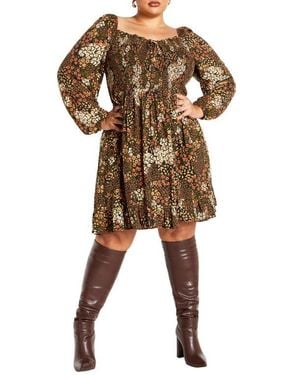 City Chic Tilly Floral Print Long Sleeve Minidress - Natural